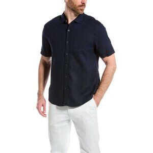 NWOT.Magaschoni Mens Linen Blend Woven Button Down Shirt Navy Blue Size Medium
